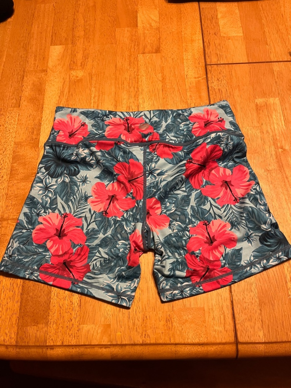 High-Rise Floral Bike Shorts in Teal with Red Hibiscus - Picture 2 of 5